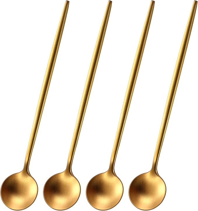 Satin Gold 6.7 Inches Coffee Spoon,4 Pieces Stainless Steel 18/10 Tea Spoons Set,Solid Round Handle Coffee Stirring Spoon,Durable Dishwasher Safe Long Handle Ice Cream Spoons,Teaspoon