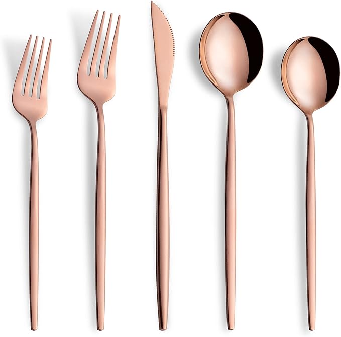 20 Piece Copper Silverware Set,Stainless Steel Flatware Cutlery Set Service for 4 Including Forks Spoons Knives,Kitchen Utensil Set,Tableware for Home and Restaurant, Dishwasher Safe