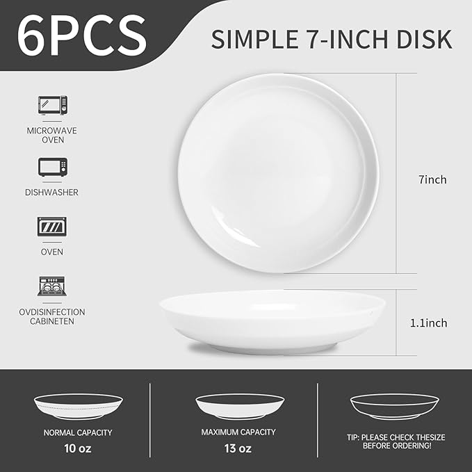 Set of 6 Dinner Plates 7 Inch, White Porcelain Plates, Microwave Oven Dishwasher Safe Scratch Resistant