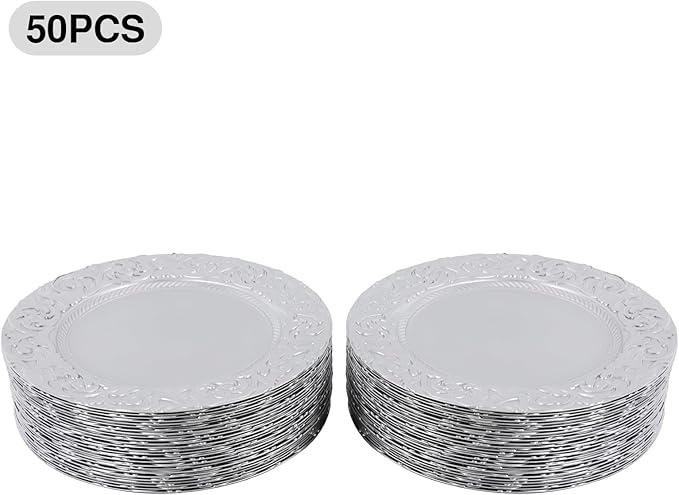 50 Pcs Antique Charger Plates Bulk 13" Round Floral Chargers for Dinner Plates, Silver Charger Plates for Wedding, Party, Elegant Tabletop Decor (Silver)