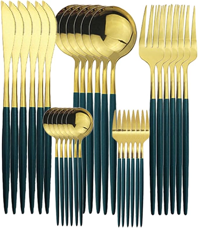 Silverware Set,Gugrida 30-Piece Stainless Steel Flatware Cutlery Set for 6，Green and Golden Reusable Kitchen Tableware Utensil Set with Spoons/Knives/Forks，for Dinner Party Gift