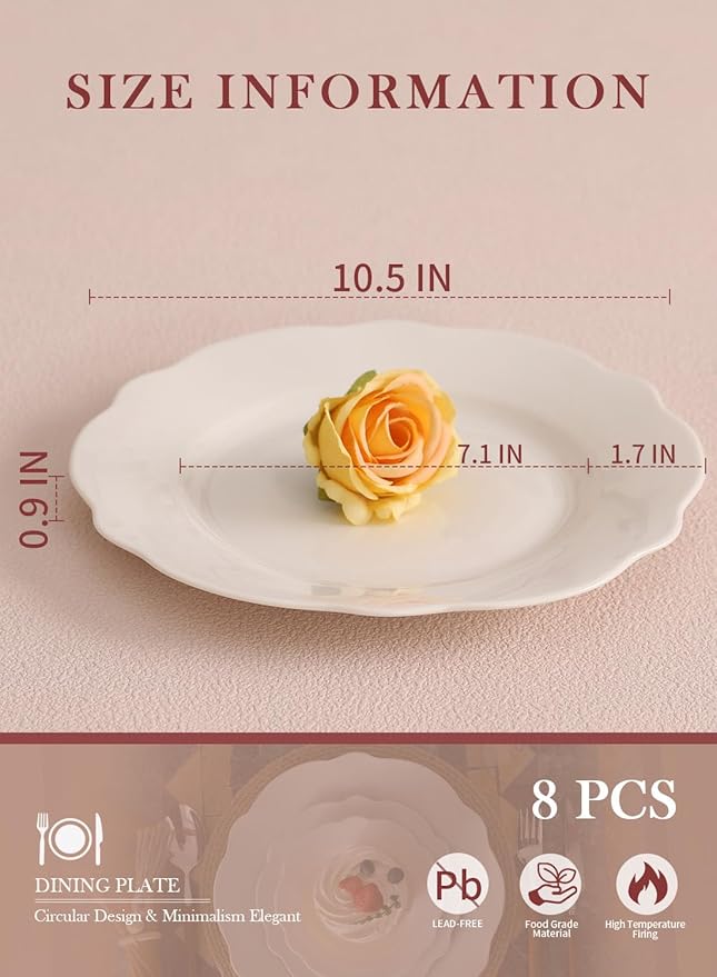 OMAYKEY Ceramic Dinner Plates Set of 8, 10.5 Inch Porcelain Salad Dessert Round Lotus Plates, Microwave, Oven and Dishwasher Safe, Kitchen Serving Dishes Plates for Lunch, Party, Wedding, Restaurant