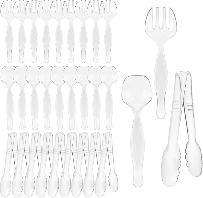 30 Pcs Clear Plastic Serving Utensils Set - Includes 10 Spoons, 10 Tongs, 10 Forks - Heavy Large Disposable Serving Utensils for Parties, Holidays & Events (Clear)