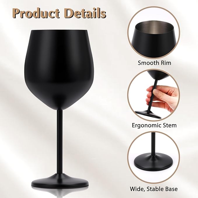 Black Wine Glasses Set of 4, 18oz Stainless Steel Unbreakable Goblets - Outdoor Metal Cups for Camping, Hiking Adventures