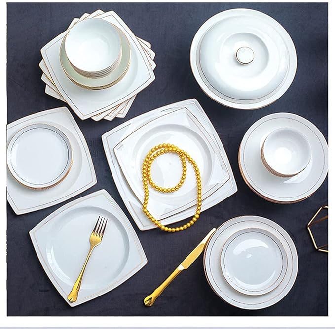 36Pcs Ceramic Dinnerware Set Bone China Dinnerware Dishes Plates Ceramic Combination Dinnerware Set Porcelain Service for 6, White with Gold Rim Luxury Bone China Dinnerw