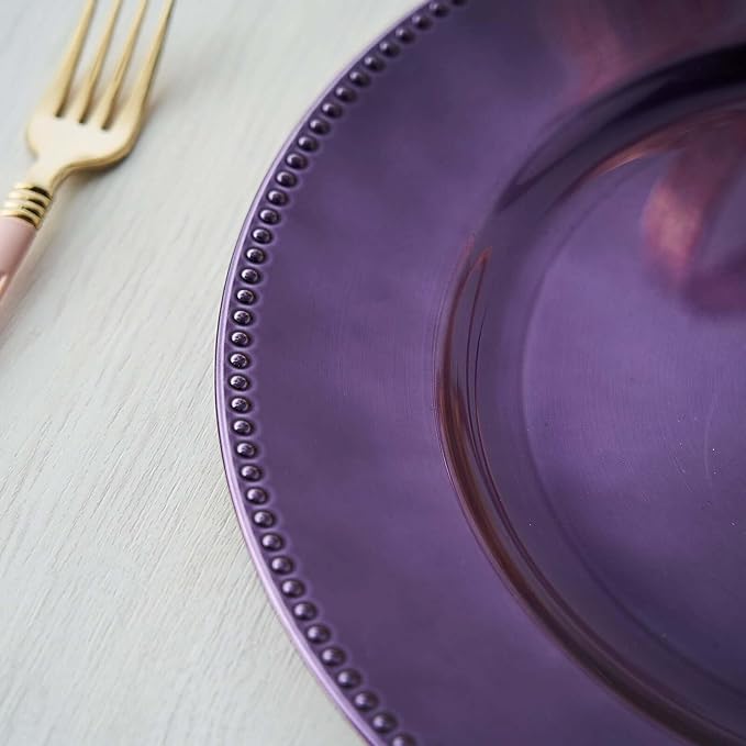 13" Charger Plates -Set of 12 - Acrylic Purple Round Beaded Disposable Chargers, Ideal for Dinner Party Wedding Bulk Events Tabletop Decoration