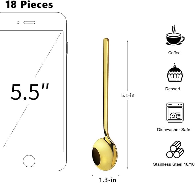 18 Pack Espresso spoons 18/10 Stainless Steel Teaspoons Set for Coffee Sugar Dessert Cake Ice Cream Soup Antipasto Cappuccino, 5.3 Inch