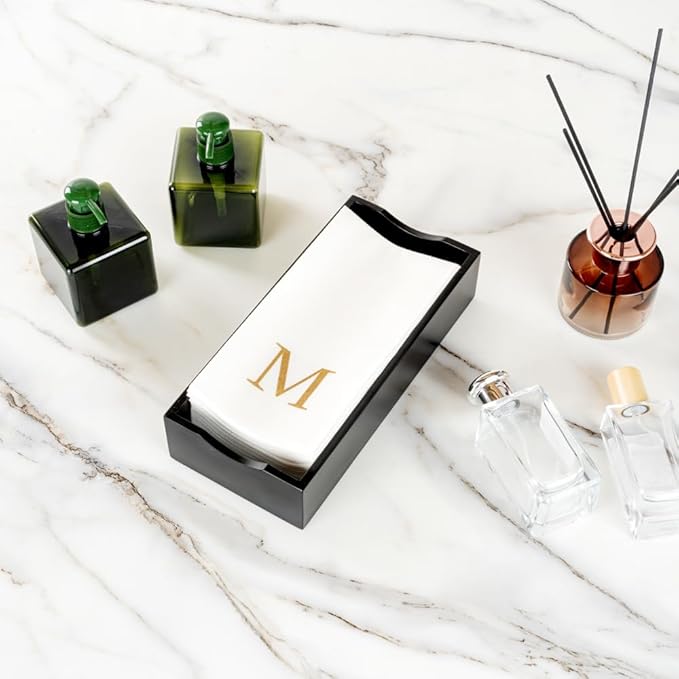 Restaurantware Napkins Pack of 300 Gold Letter M Linen-Feel Paper Disposable Guest Towels 15.75 x 7.87 Inches, Elegant Airlaid White Napkins For Birthdays, Weddings and Catering Events