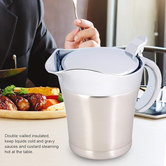 450ml/15oz Gravy Boat, Stainless Steel Double Wall Insulated Thermal Sauce Gravy Jug with Cover, Gravy Boat for Gravy Salad Custard Cream Sauce and so on