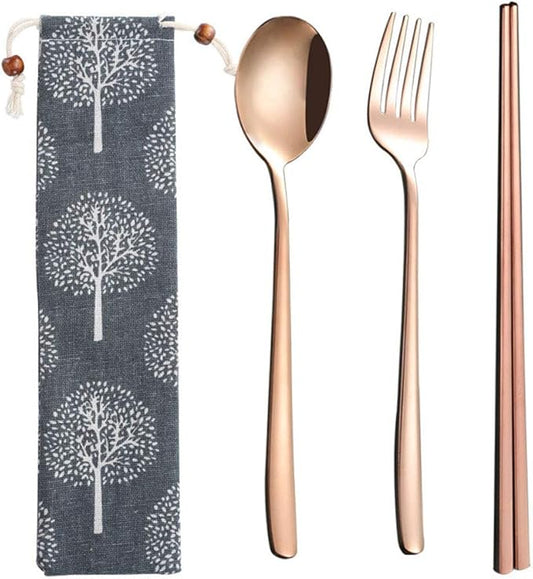 3pcs/6pcs Set Cutlery Dinnerware 304 Stainless Steel Flatware Set Tableware Dinner Spoon Fork Chopsticks Sucker Flatware Serving Sets (Champagne - 3pcs)