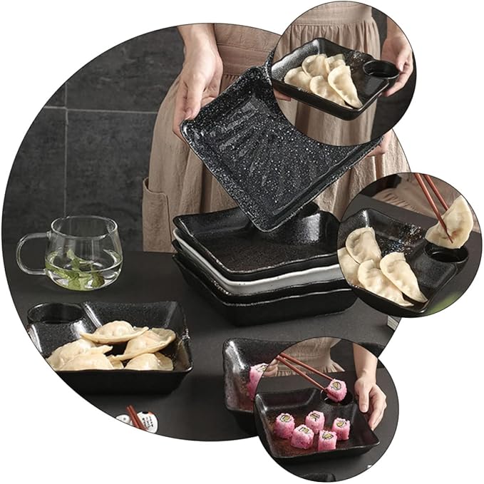 Japanese Ceramic Dumpling Dish with Sauce Grid Appetizer Plate for Dipping Sauce for Sushi and Condiments for Entertaining