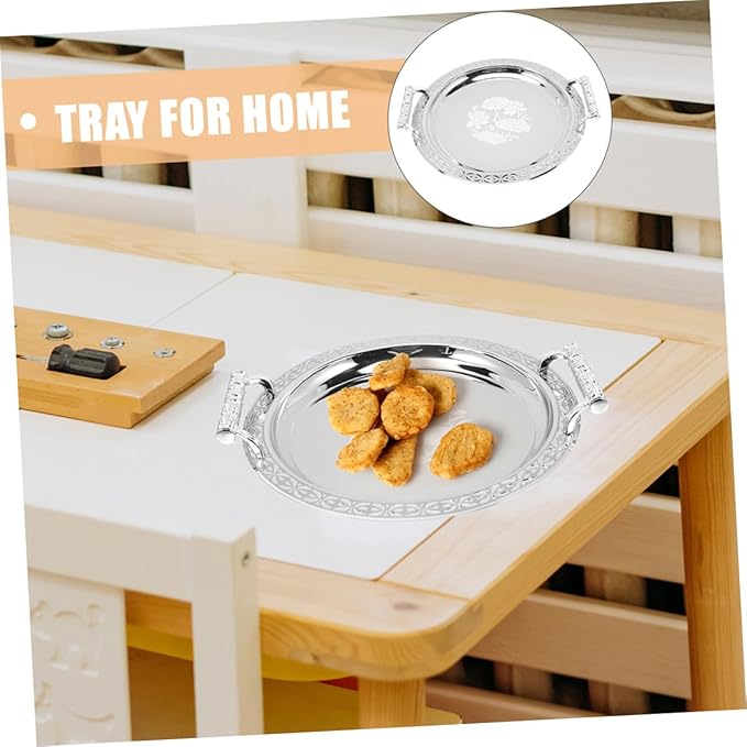 European Style Round Serving Tray Elegant Appetizer Dish for Fruits Desserts Snacks Silver Patterned Platter Multi Functional Decorative Storage Plate for Home