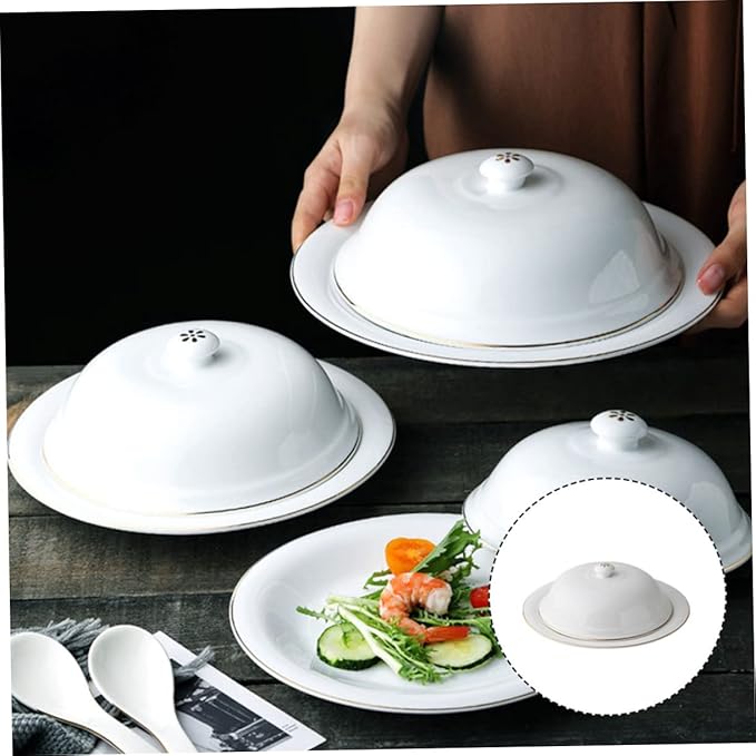Mobestech Gold Trimmed Ceramic Plate with Lid for Western-style Cuisine Steak Serving Tray Food Storage Dishwasher Safe for Entertaining and Meal Prep