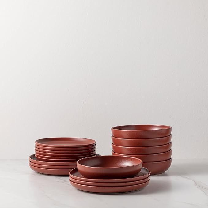 Casafina Ceramic Stoneware 18-Piece Place Setting Service for 6 with Pasta Bowls - Pacifica Collection, Cayenne | Microwave & Dishwasher Safe Dinnerware Set | Food Safe Restaurant Quality Tableware