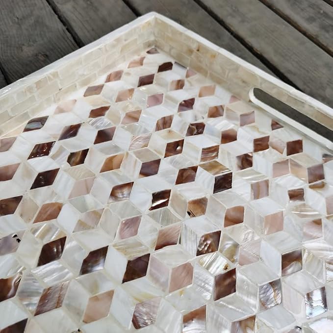 I-lan 18 Inch Mother of Pearl Square Serving Trays with Handles and 2”Wall, Large Brown Ottoman Tray with Rhombus Inlay Nacre, Decorative Lacquer Wooden Shell Tray for Food, Catering, Display,L