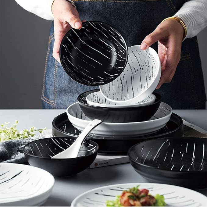 Stylish Dinner Plates,Ceramics Dinner Sets, 56 Pieces Porcelain Dinnerware Combination Set | Black and White Matte Plates and Cereals Bowls Sets for Family Gathering