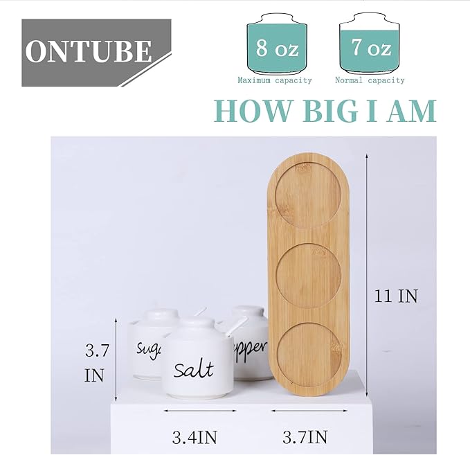 ONTUBE Farmhouse 8oz, Sugar Pepper and Salt Bowls with Lid and Spoon, Ceramics Condiment Pots,Seasoning Jar Spice Container for Kitchen,Dishwasher Safe (White)