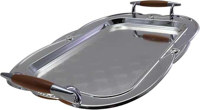 14.2 inch x 10.2 inch Floral Shape Antique Decorative Style Chrome Plated Silver Serving Tray with Handles Floral Engraved Edge Buffet Party Decor Platter Plate Dish FST-049