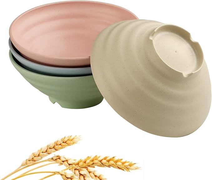 WANBY Lightweight Wheat Straw Cereal Bowls Unbreakable Dinner Dishes Bowl Set Dishwasher & Microwave Safe (4 Pack 34Oz)