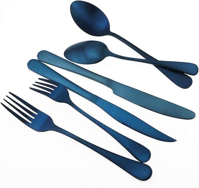 Gugrida 24-Piece Titanium Blue Plated Stainless Steel Flatware Set, Travel Cutlery Include Knife Fork Spoon Service for 4,Healthy & Eco-Friendly Silverware - Matte Elegant Modern Eating Utensils
