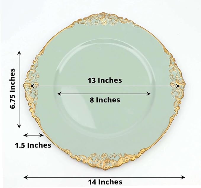 13" Charger Plates -Set of 24 - Acrylic Sage Green Round Baroque Disposable Chargers Leaf Embossed Rim, Ideal for Dinner Party Wedding Bulk Events