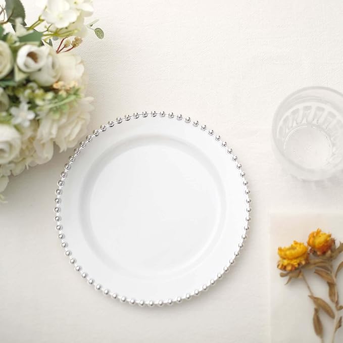 8" Salad Plates - Set of 20 - Plastic White/Silver Round Disposable Dessert Appetizer Plate Beaded Rim, Ideal for Dinner Party Wedding Bulk Events