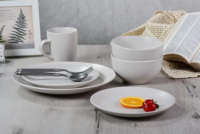 Porcelain Kitchen Dinnerware Set Ceramic tableware Dinnerware Set, 16 Piece Dishes Set, Plates and Bowls Set for 4, Gray Matte,Cream White