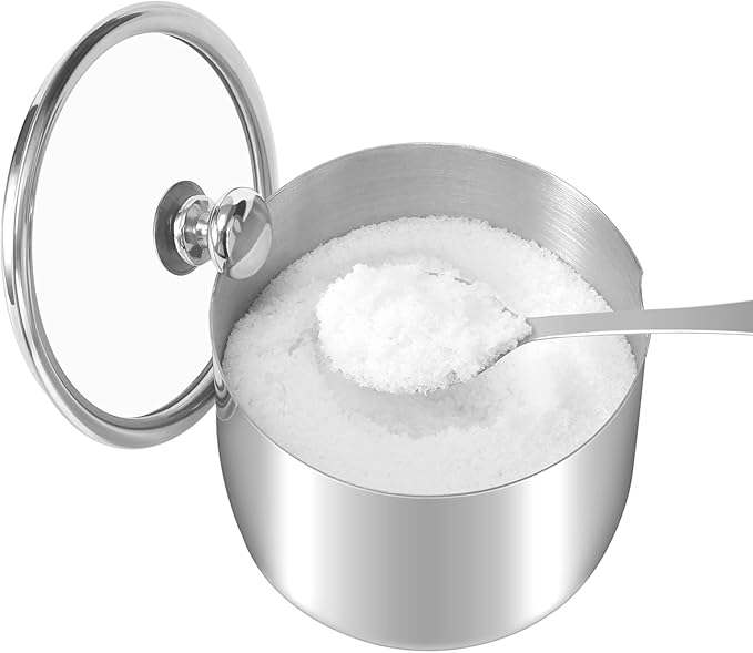 Stainless Steel Sugar Bowl with Clear Lid(for better recognition) and Spoon, Polished Shiny Condiment Pots for Serving Sugar Pepper Salt Spice- 10 Ounces/300 Milliliter…