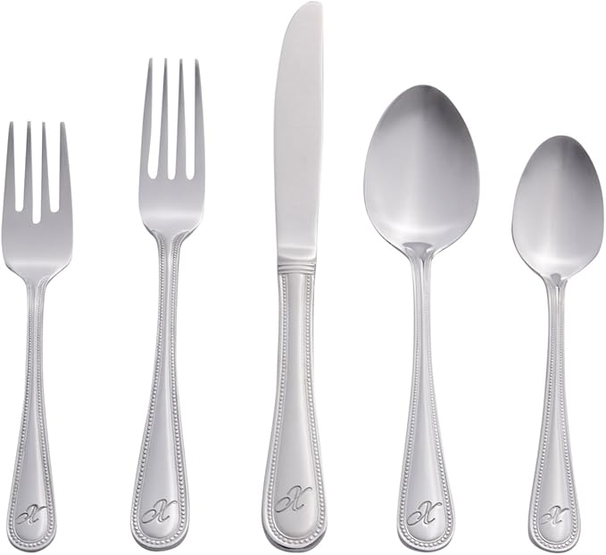 RiverRidge Monogrammed Beaded Flatware Set - X - 46-Piece Silverware with Custom Letter Stamp, 18/0 Stainless Steel Utensils Set for Daily Use & Special Occasions - Dishwasher Safe, Versatile Design