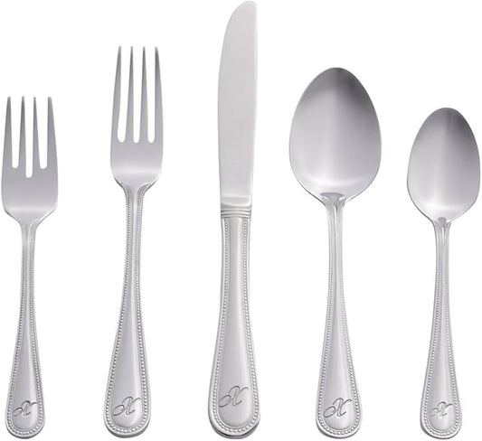 RiverRidge Monogrammed Beaded Flatware Set - X - 46-Piece Silverware with Custom Letter Stamp, 18/0 Stainless Steel Utensils Set for Daily Use & Special Occasions - Dishwasher Safe, Versatile Design