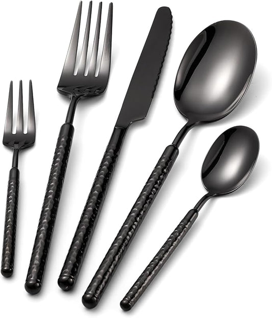 20-Piece Silverware Set, Stainless Steel Flatware Set for 4, Modern Hammered Utensil Tableware Set Include Dinner Knife/Fork/Spoon, Mirror Finish, Dishwasher Safe (20, black)