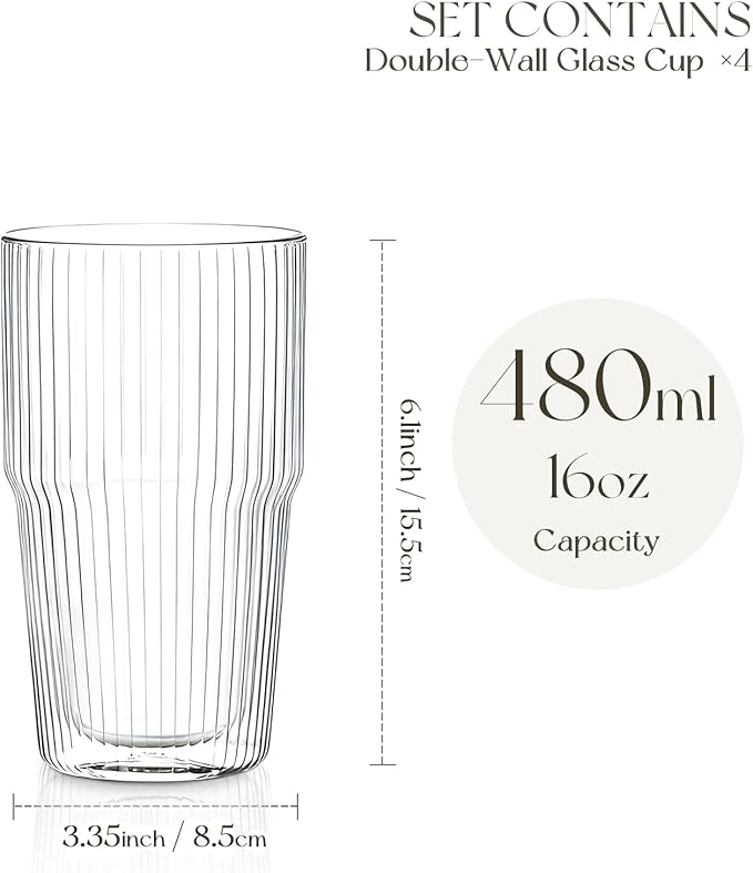 KEMORELA Set of 4 Ribbed Double-Walled Glass Cups, 16 oz / 480 ml Insulated Tumblers for Iced Coffee, Latte, Matcha, Smoothies & Bubble Tea – Clear Vertical Stripe Glassware, Dishwasher Safe