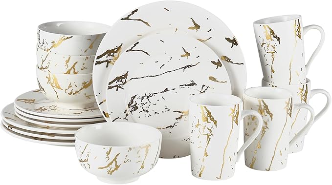 Modern Porcelain 16 Piece White Dinnerware Set,Plates and Bowls Sets,Gold Dish Set for 4,White Dinnerware Set,Dinner Sets with Dinner Plates.
