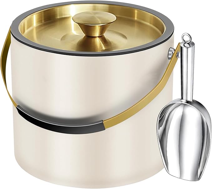 3.2L Modern Insulated Ice Bucket with Silicone Lid, Scoop, Strainer, Double Wall Stainless Steel Ice Bucket for Parties & Cocktail Bar,Ideal for Gift(Pearl White)