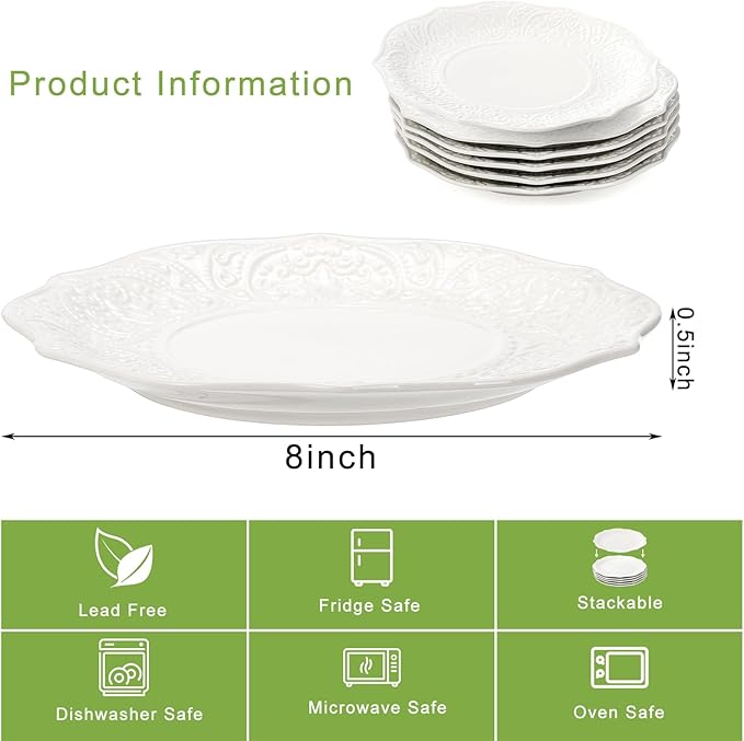 SOUJOY Set of 6 Salad Plate, 8 Inch Porcelain Dessert Serving Plates, Embossed Printing Small Dinner Dish for Pancakes, Steak, Microwave, Dishwasher Safe