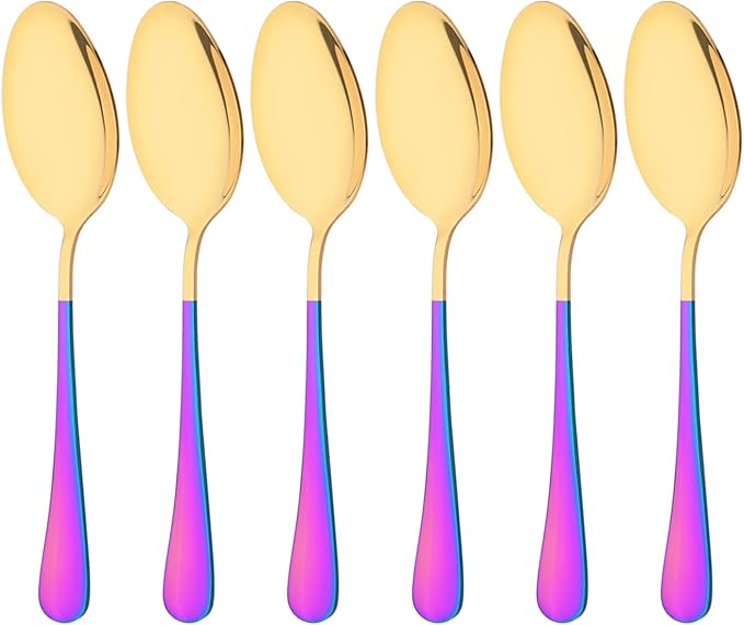 6 Pieces Dinner Spoons Set - Stainless Steel Soup Spoons Cutlery Set - 8.2 Inch Table Spoons for Home Kitchen Restaurant - Mirror Finish - Dishwasher Safe (Gold and Rainbow)