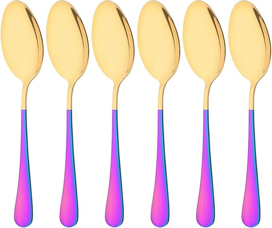 6 Pieces Dinner Spoons Set - Stainless Steel Soup Spoons Cutlery Set - 8.2 Inch Table Spoons for Home Kitchen Restaurant - Mirror Finish - Dishwasher Safe (Gold and Rainbow)