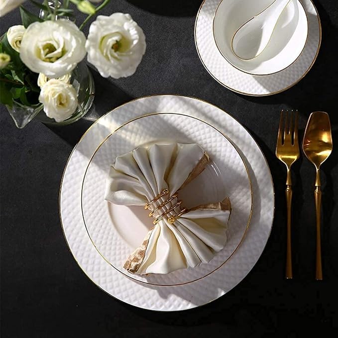 Ceramic Tableware Set, 49 Pieces Of White Embossed Porcelain, Suitable For Microwave Oven And Dishwasher, 45 Pieces Of Bone Meal Healthy Tableware