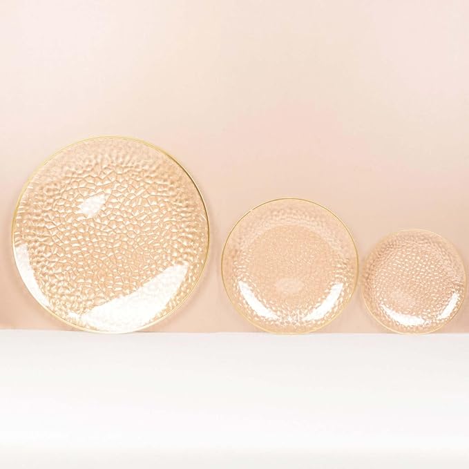 Efavormart 10 Pack Gold Glitter Clear Hammered Plastic Dinner Plates, Round Disposable Party Plates With Gold Rim - 9"