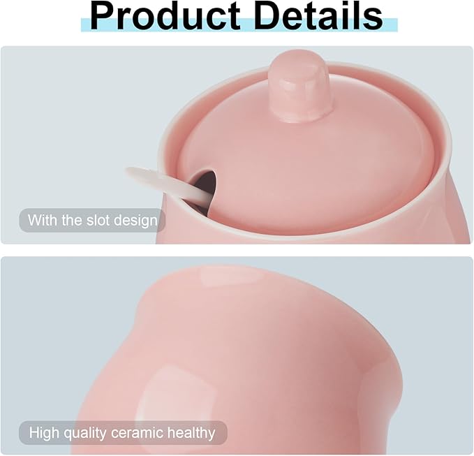 Ceramic Sugar Bowl with Lid and Spoon, Pink Porcelain Sugar Salt Pepper Storage Jar, 8 Ounces
