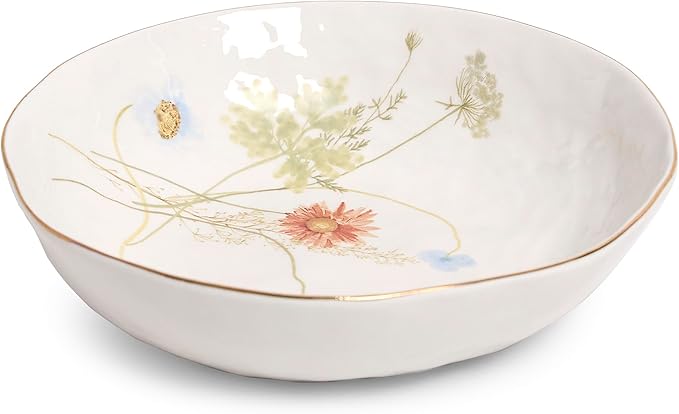 Sango 12-Piece Luxury Stoneware Dinnerware Set for 4- Glossy White Plates and Bowls Sets with Wildflower Patterns and Gold Rims, Ceramic Dish Set, Elegant Dishes for Everyday Dining, Gansevoort