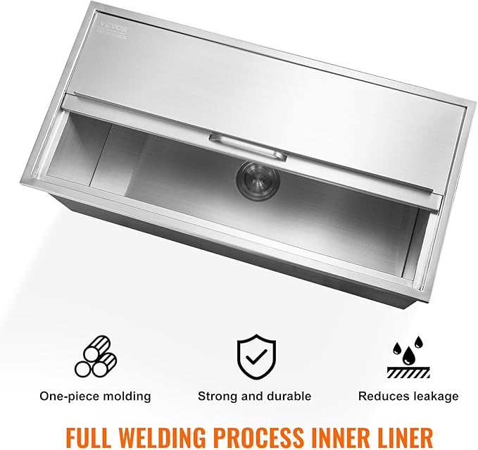 VEVOR Drop in Ice Chest, 36"L x 18"W x 14"H Stainless Steel Ice Cooler, Commercial Ice Bin with Sliding Cover, 40.9 qt Outdoor Kitchen Ice Bar, Drain-pipe and Drain Plug Included, for Cold Wine Beer