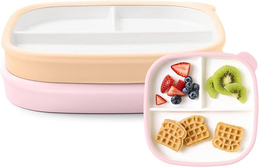 Ello Clean Start Toddler Breakfast Plate 2 Pack | BPA-Free Ceramic Plates with Divider & Silicone Sleeve for Babies/Toddlers| Microwave & Dishwasher Safe | High Chair Friendly | Cashmere Pink/Dune