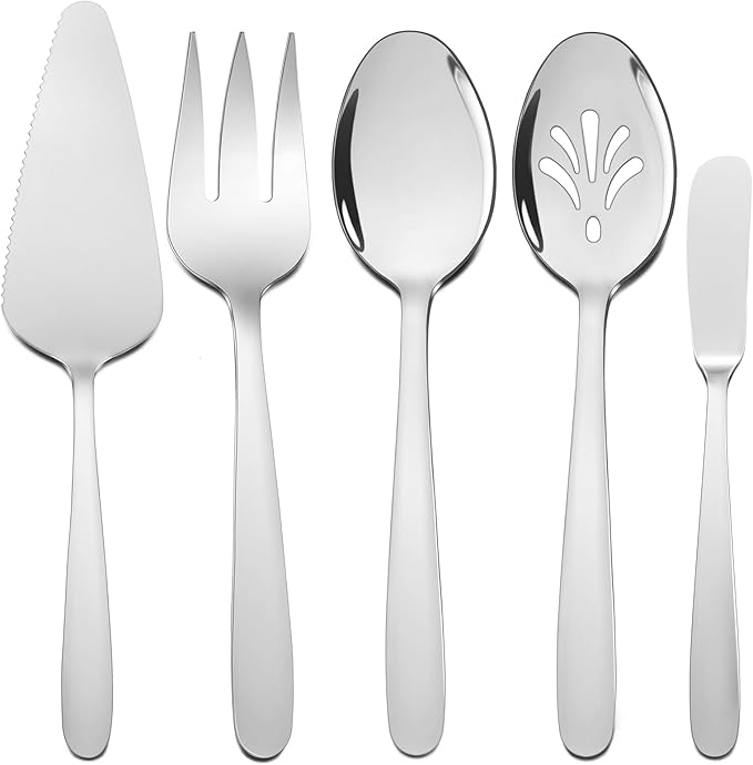 HaWare 5-Piece Silverware Serving Utensils, Stainless Steel Spoon Fork, Mirror Polished and Dishwasher Safe