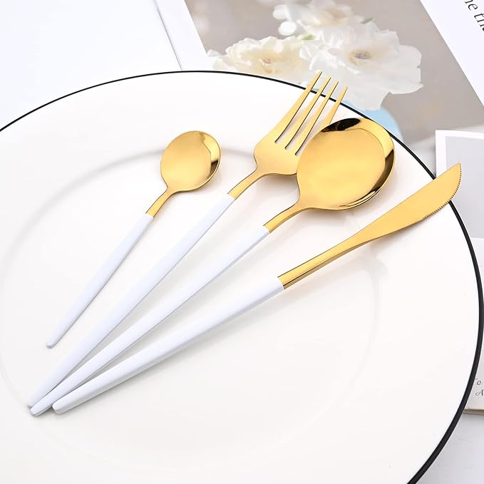 White Gold 24Pcs Flatware Set With Stand, Lightweight Dinnerware Set Stainless Steel Cutlery With White handles For Home Kitchen Wedding Party And Daily Use,Service For 6, Mirror Polish