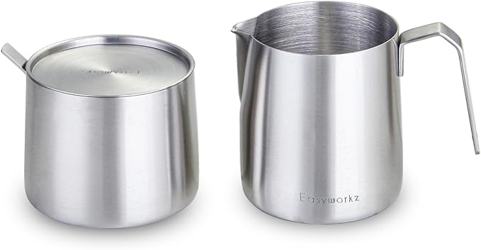 Easyworkz Stainless Steel Sugar bowl and Creamer Set, with Spoon and Anti-Drip Spout, Stackable Design, Brushed Silver