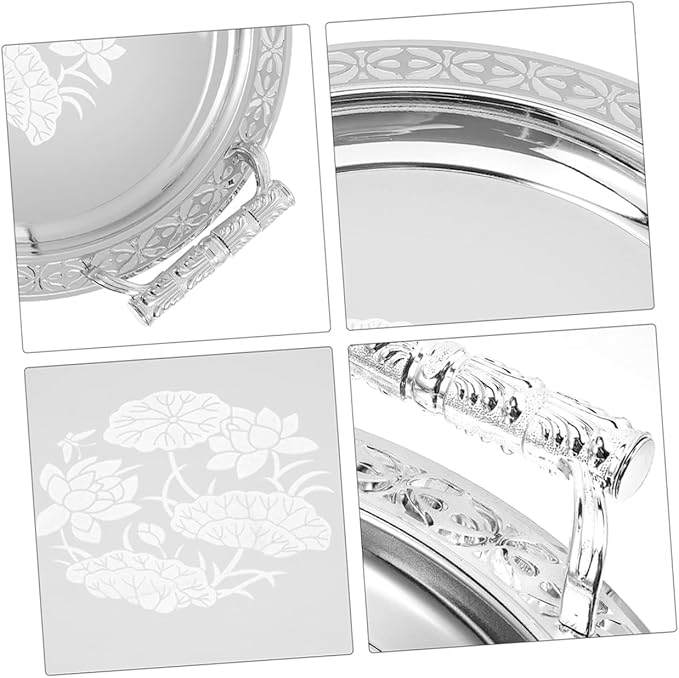 VICASKY European Style Pattern Fruit Serving Tray Silver Decorative Candy Storage Tray for Kitchen and Home Stainless Steel and Plastic Snack Holder for Parties and Daily Use