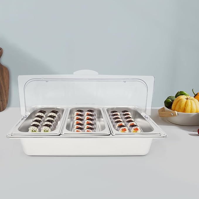 Countertop Food Serving Display Container, 3-Compartment Food Serving Tray with Clear Roll Top Cover Stainless Steel Buffet Condiment Dispenser Display Rack for Restaurant Hotel Kitchen Party