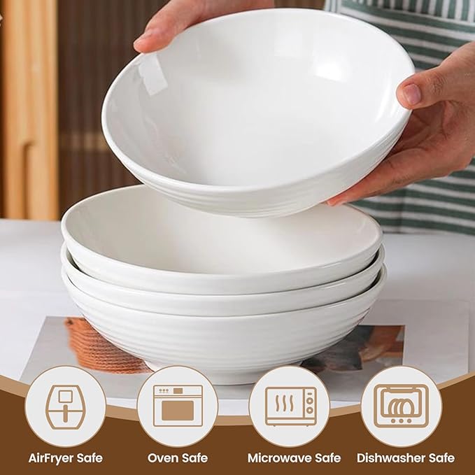 33 oz Ceramic Pasta Bowls, 7" White Pasta Plates, Large Serving Bowls Set of 4, Wide & Shallow, for Serving Salad, Soup, Noodle, Cereal, Microwave & Dishwasher Safe