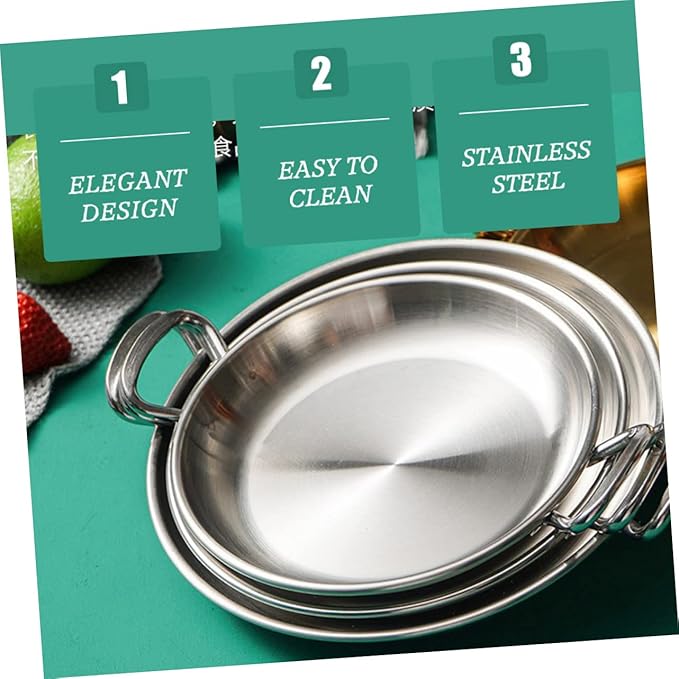 Garneck Dinner Plate Stainless Steel Seafood Pot Plate Handles Multifunctional Serving Tray Silver Plated
